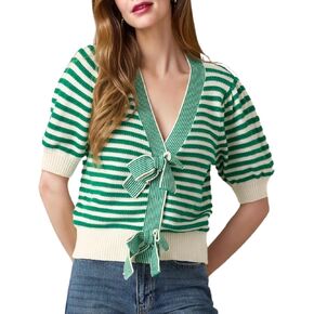 InterNos Womens Bow Front Short Sleeves Sweater Classic Striped V Neck Cropped Knit Pullover Tops