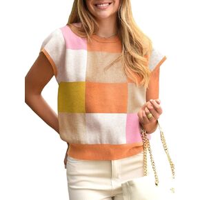 Saodimallsu Womens قصيرة الأكمام سترة أعلى ألوان الصيف كتلة خفيفة الوزن متماسكة Crewneck الخروج من قمم pullover