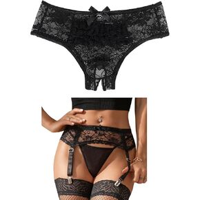 Women Floral Lace Garter Belt Plus Size Mesh Suspender Belt Set with 4 Straps Metal Clip for Thigh Highs and Plus Size Lace Panties L