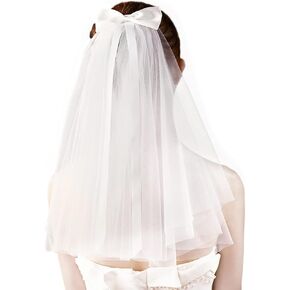 Short Bridal Wedding Veil Bachelorette Party Veil First Communion Veil White Tulle Short with Bow Knot Bride Hair Accessories Bride To Be Gift Bridal Shower