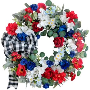 idyllic 22 Inch Patriotic Wreath 4th of July Wreaths for Front Door Red White and Blue Wreath Artificial Roses Hydrangea and Plaid Bow for Memorial Independence Day Spring Indoor Outdoor Decorations