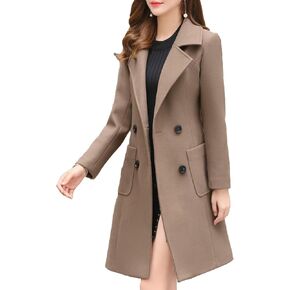 SEMATOMALA Women's Notch Lapel Collar Slim Fit A Line Wool Blend Long Coat Double Breasted Mid Long Pea Coat in Kuwait
