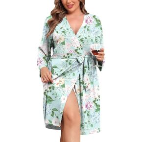 SWOMOG Women's Plus Size Robe Kimono Knee Length Bathrobe Lightweight Loungewear Soft Maternity Robes with Pockets 18W-28W