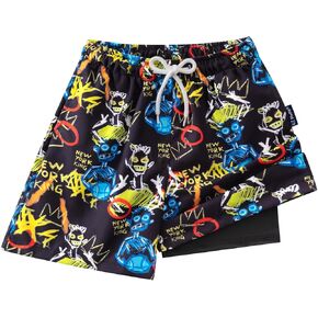 EZ Moms Boys Swim Trunks with Compression Liner Stretch Toddler Swim Shorts Quick Dry Anti-Chafe Boys Board Shorts 2-12T