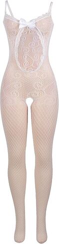 comeondear Fishnet Bodystocking for Curvy Women Plus Lace Lingerie One Piece Sheer Mesh Nightwear Bow in Saudi Arabia
