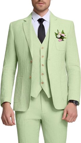 Linen Mens Suit 3 Piece Slim Fit Beach Wedding Suit for Men Prom Party Casual Blazer Vest Pant Set in Saudi Arabia