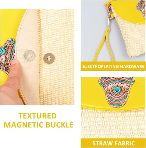 Clutch Purses for Women, Bohemian Handmade Straw Bag, Flip-up leather Crossbody Bags, Woven Envelope Package in Saudi Arabia