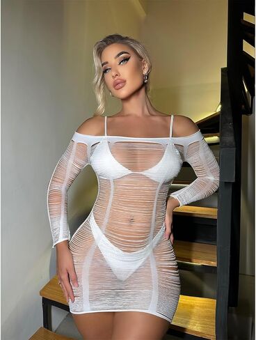 Kaylle & Kt Womensed Lingerie مثير Babydoll قطع الشبكات Bodycon فستان السمكة شبكة Lingerie Longe Sleeve الحجم الحرة in Kuwait