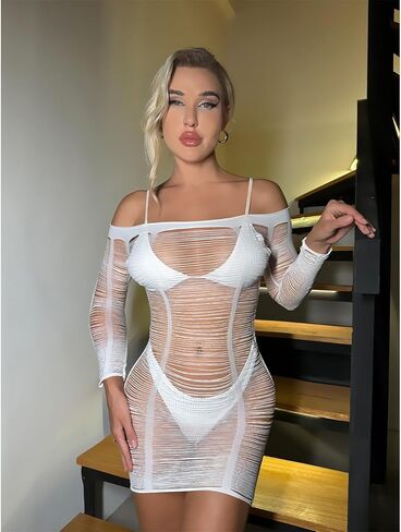 Kaylle & Kt Womensed Lingerie مثير Babydoll قطع الشبكات Bodycon فستان السمكة شبكة Lingerie Longe Sleeve الحجم الحرة in Kuwait