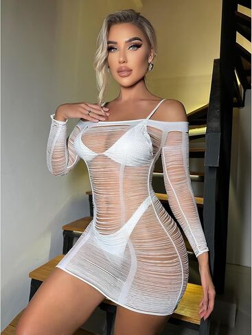 Kaylle & Kt Womensed Lingerie مثير Babydoll قطع الشبكات Bodycon فستان السمكة شبكة Lingerie Longe Sleeve الحجم الحرة in Kuwait