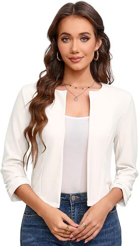 BLUEMING Women’s Open Front Crop Blazer 3/4 Ruched Sleeve Slim Fit Solid Jacket Lightweight Cardigan in Saudi Arabia