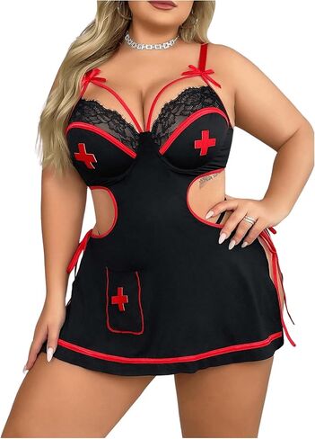 WDIRARA Women's Plus Size 3 Piece Babydoll Lingerie Set Nurse Roleplay Costume Side Tie Lace Cutout Nightdress in Saudi Arabia