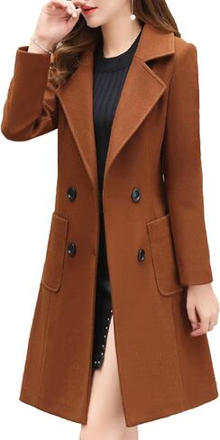 SEMATOMALA Women's Notch Lapel Collar Slim Fit A Line Wool Blend Long Coat Double Breasted Mid Long Pea Coat in Saudi Arabia