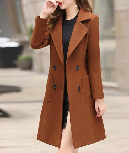 SEMATOMALA Women's Notch Lapel Collar Slim Fit A Line Wool Blend Long Coat Double Breasted Mid Long Pea Coat in Saudi Arabia