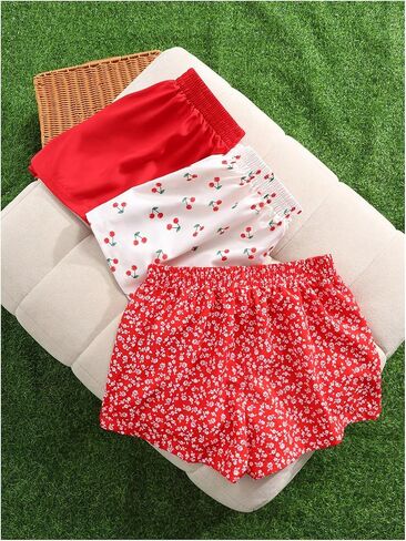Girl's 3 Pack Cherry Floral Casual Shorts Letter Patched Elastic Waist Wide Leg Comfy Cute Shorts in Saudi Arabia