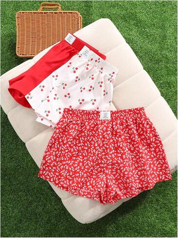 Girl's 3 Pack Cherry Floral Casual Shorts Letter Patched Elastic Waist Wide Leg Comfy Cute Shorts in Saudi Arabia