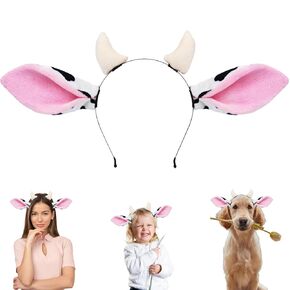 Beviliu Animals Ears عصابة رأس - آذان بقرة متحركة واقعية ، عصابات رأس ، قرون بقرة فروي وآذان زي غنم غنم الأذنين لعيد الميلاد في عيد الميلاد ، وردي