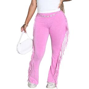Womens Fringed Flare Pants - Casual Hight Waisted Washed Stretchy Trousers with Tassels Bell Bottoms Sweatpants