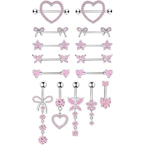 Nipple and Belly Button Ring Set Pink Nipple Belly Piercing Jewelry 14G Surgical Stainless Steel Heart Bow Flower Butterfly Nipple Belly Rings Valentine's Day Present