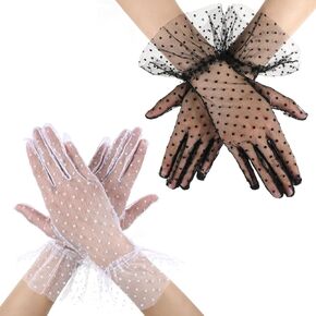 Lace Gloves Women, 2 Pairs of Black White Lace Gloves, Tea Party Accessories for Women, Mesh Glove for Opera Wedding Dinner Party