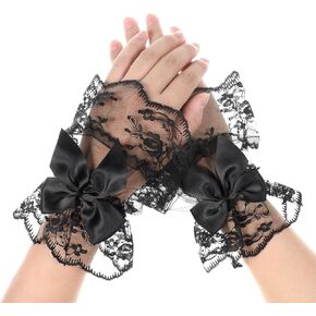 Women's Lace Gloves Fingerless, Prom Gloves Floral Bow Wrist Cuff Ruffled Short Cuff Wedding Halloween Prom Tea Party Costume Accessory(Black)