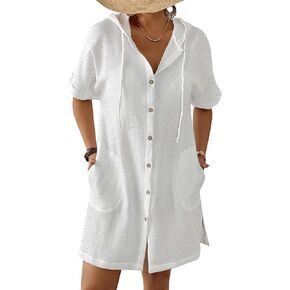 Bsubseach Womens Swimsuit Cover Up Shirt Button Down Short Sleeve Bathingsuit Coverups Hooded Beach Coverup With Pockets
