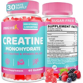 Creatine Monohydrate Gummies, Creatine for Women, Creatine Pre Workout Chewables Supplement with Taurine & B6 - for Muscle, Recovery, Strength, Energy & Endurance and Performance - 60 Count