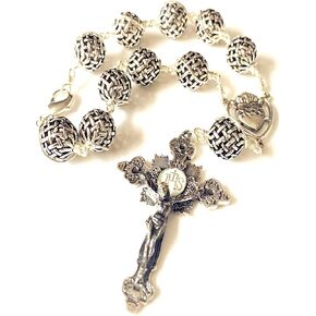 elegantmedical HANDMADE 10MM Bali Sterling Silver Beads Cross Handmade Wire Wrap one decade rosary bracelet GIFTS BOX