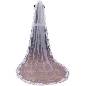 Wedding Veil Pearls Lace Flower Bridal Veil,1 Tier Cathedral Length Fingertip Length Veil Bride Veil with Metal Comb
