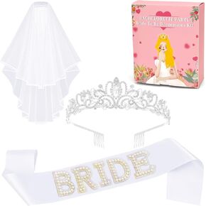 3Pcs Bachelorette Party Set-Wedding Tiara Crown, Veil with Comb & 'Bride' Sash - Bridal Decorations & Accessories Gift