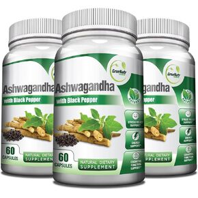 Organic Ashwagandha Capsules with Black Pepper for Enhanced Absorption - Mood Enhancer with Energy and Cognitive Function - 1300 mg Veggie Capsules (1 Bottle)