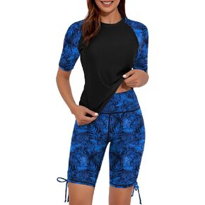 Women's Two Piece Rash Guard Swimsuits Short Sleeve Swim Shirts UPF 50+ Built in Bra Bathing Suit with Boyshorts