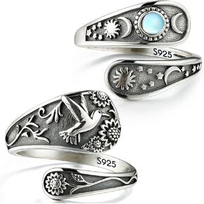 2 Pcs S925 Silver Spoon Ring Vintage Hummingbird Turquoise Victorian Style Antique Floral Oxidized Wrap Ring Adjustable Thumb Rings Jewelry Gifts for Women