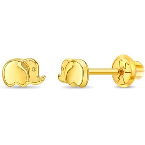14k Yellow Gold Lucky Elephant Screw Back Earrings For Toddler & Little Girls - Safety Screw Back Locking Earrings for Children - Elegant & Cute Baby Elephant Stud Earrings