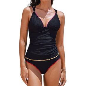 CUPSHE Women's Tankini Sets V Neck Shell Stitched Two Piece Swimsuits Crossback Adjustable Straps Textured Swimwear