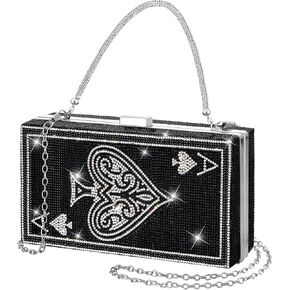 Women Poker Card Evening Clutch Rhinestone Purse Casino Vegas Novelty Purse Queen Hearts Bags Playing Cards Gift (Sliver,Ace of Spades)