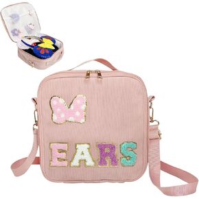 Chenille Letter Bow Mouse Ears Travel Case,Mouse Ears Travel Case with Multipocket,Park Ears Headband Holder Hair Accessories Organizer Bag for Girls Women Kids Adults