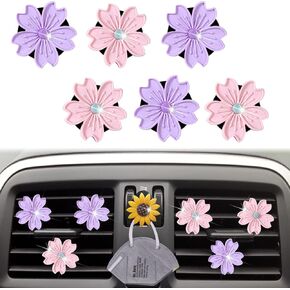 Cute Daisy Air Vent Clips, 6 Pcs Flower Car Air Fresheners Vent Clips Car Diffuser Vent Clip Charm Car Decoration for Women Cute Car Interior Decor Car Accessories + Sunflower Mask Hook (Purple&Pink)