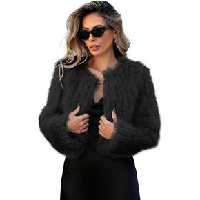 Women's Striped Faux Fur Coat Open Front Long Sleeve Fluffy Outwear Jacket