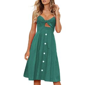 الزر الأمامي الرائد للسيدات أسفل الفساتين A-Line Dresses Summer Spaghetti Strap Midi Dress Prints