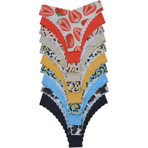 Women's 10 Pack Thongs Set Leopard Print Seamless Brief Floral Scallop Mid Rise No Show Panty Set