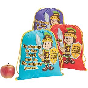 Fun Express Armor Of God Drawstring Backpack - Apparel Accessories - Totes - Novelty Backpacks - VBS Vacation Bible School Supplies/Decor - 12 Pieces