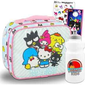 Hello Kitty و Friends Lunch Bag for Girls - حزمة مع Sanrio Lunch Box التي تضم Hello Kitty ، My Melody ، Keroppi ، المزيد من الملصقات زائد ، زجاجة ماء | مجموعة Sanrio Lunchbox للأطفال