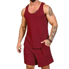 Mens Waffle Shorts Sets 2 Piece Outfits Sleeveless Summer Beach Tank Tops and Shorts Casual Loungewear Sets Suits