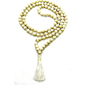 Tulsi Mala Beaded Necklace - Hand Knotted Tulasi Beads - 7 Chakra Mala (White String)