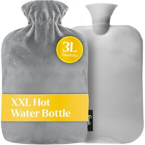 Qomfor XXL Large Hot Water Bottle with Fleece Cover – Soft and Cozy 3L Hot Water Bottle for Bed, Cramps, and Pain Relief – Durable and Safe, Ideal for Cold Nights (Grey)