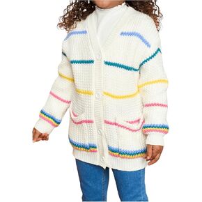Girl's Striped Color Block Button Down Cardigan V Neck Long Sleeve Cute Knitted Sweater Outerwear