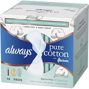 Always Pure Cotton with Flexfoam Pads, Size 1, Regular Absorbency (42 Count)