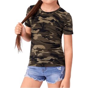 فتاة كامو طباعة قصيرة الأكمام تي شيرت طاقم الرقبة الصيف قمم Tee Tops