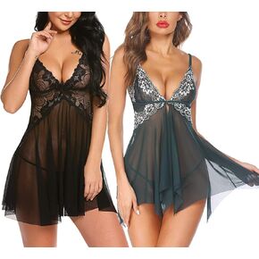 Avidlove Women Lace Lingerie Babydoll Chemise V Neck Nightwear Chemise Nightie(Black,Deep Green,S)